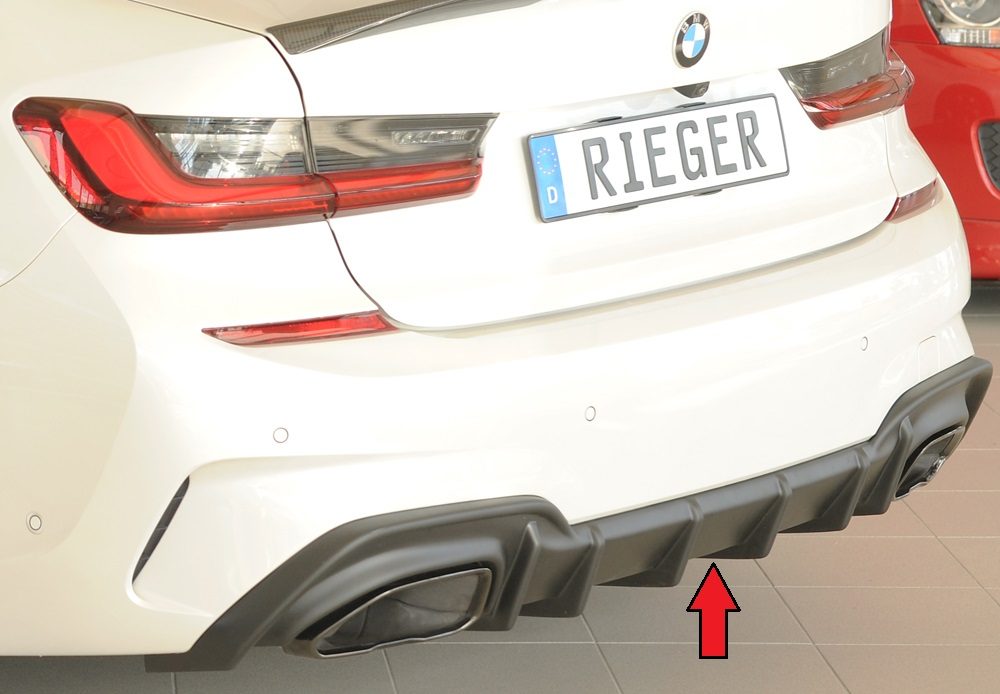 Difusor trasero Rieger para BMW Serie 3 G20/G21 (antes del facelift) – para los embellecedores de escape originales izquierda y derecha (M340i/d), sin enganche