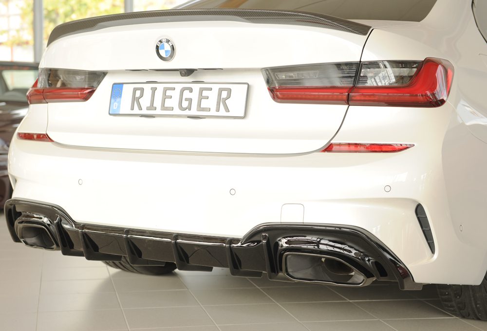 Difusor trasero Rieger para BMW Serie 3 G20/G21 (antes del facelift) – para los embellecedores de escape originales izquierda y derecha (M340i/d), sin enganche