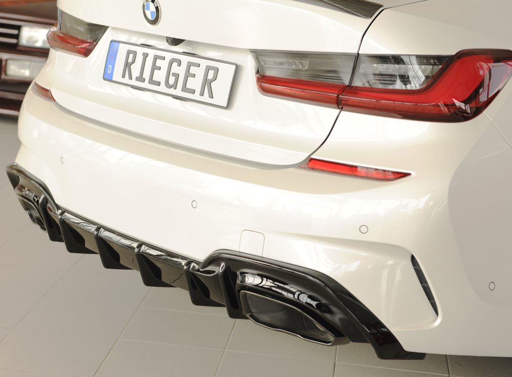 Difusor trasero Rieger para BMW Serie 3 G20/G21 (antes del facelift) – para los embellecedores de escape originales izquierda y derecha (M340i/d), sin enganche