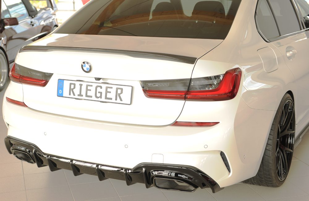 Difusor trasero Rieger para BMW Serie 3 G20/G21 (antes del facelift) – para los embellecedores de escape originales izquierda y derecha (M340i/d), sin enganche
