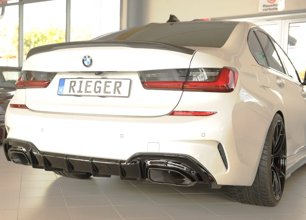 Difusor trasero Rieger para BMW Serie 3 G20/G21 (antes del facelift) – para los embellecedores de escape originales izquierda y derecha (M340i/d), sin enganche