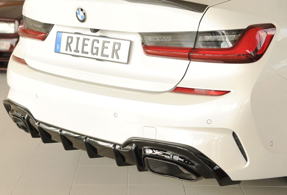 Difusor trasero Rieger para BMW Serie 3 G20/G21 (antes del facelift) – para los embellecedores de escape originales izquierda y derecha (M340i/d), con enganche