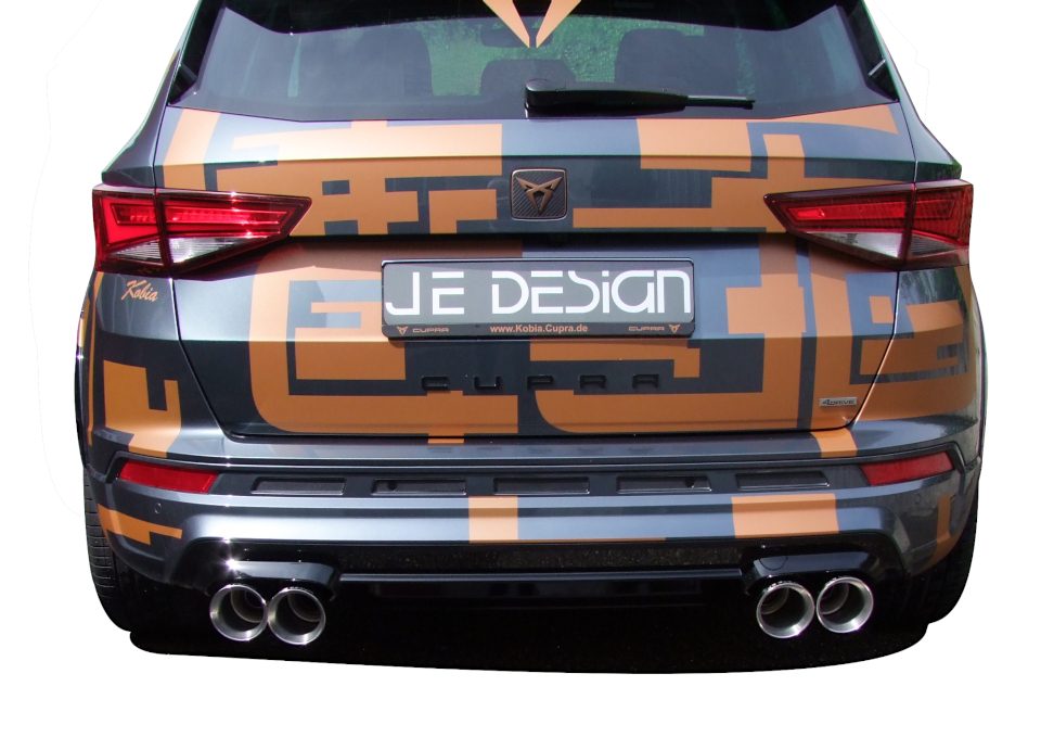 Escape con válvulas JE DESIGN Cupra Ateca 5FP 221 kW, 2 salidas redondas de 100 mm por lado, acero inoxidable