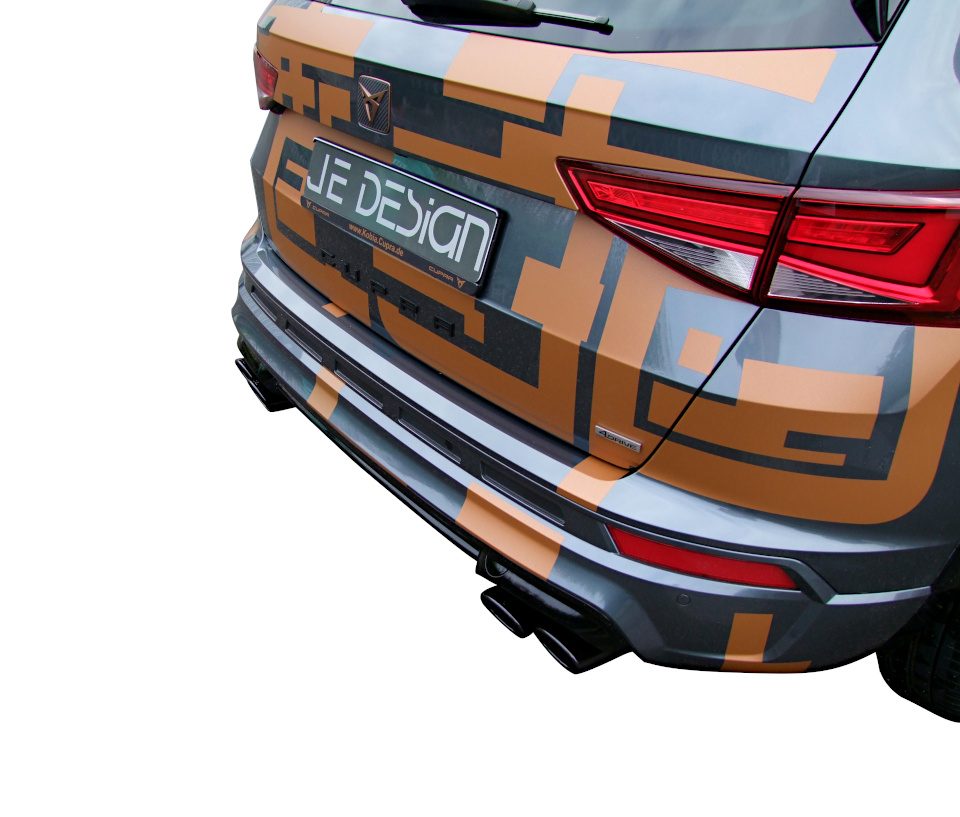 Escape con válvulas JE DESIGN Cupra Ateca 5FP 221 kW, 2 salidas de 106 x 71 mm por lado, inox negro