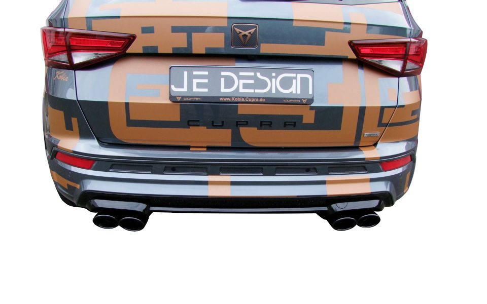 Escape con válvulas JE DESIGN Cupra Ateca 5FP 221 kW, 2 salidas de 106 x 71 mm por lado, inox negro