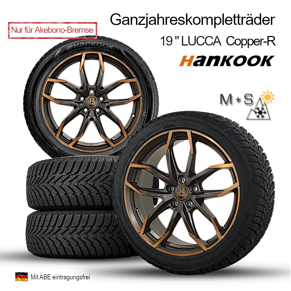 Juego de 4 ruedas completas todo el año JE DESIGN Lucca Copper 19" con Hankook, Cupra León KL y ST (solo con frenos Akebono)