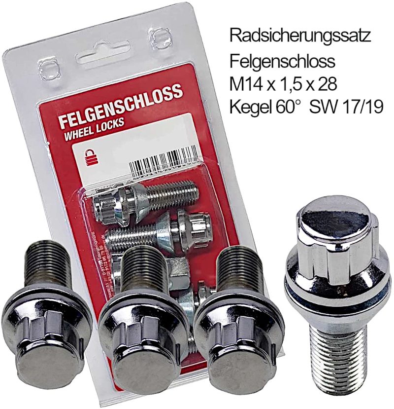 Juego de tornillos antirrobo M14 x 1,5 x 28, asiento cónico 60°, llave 17/19